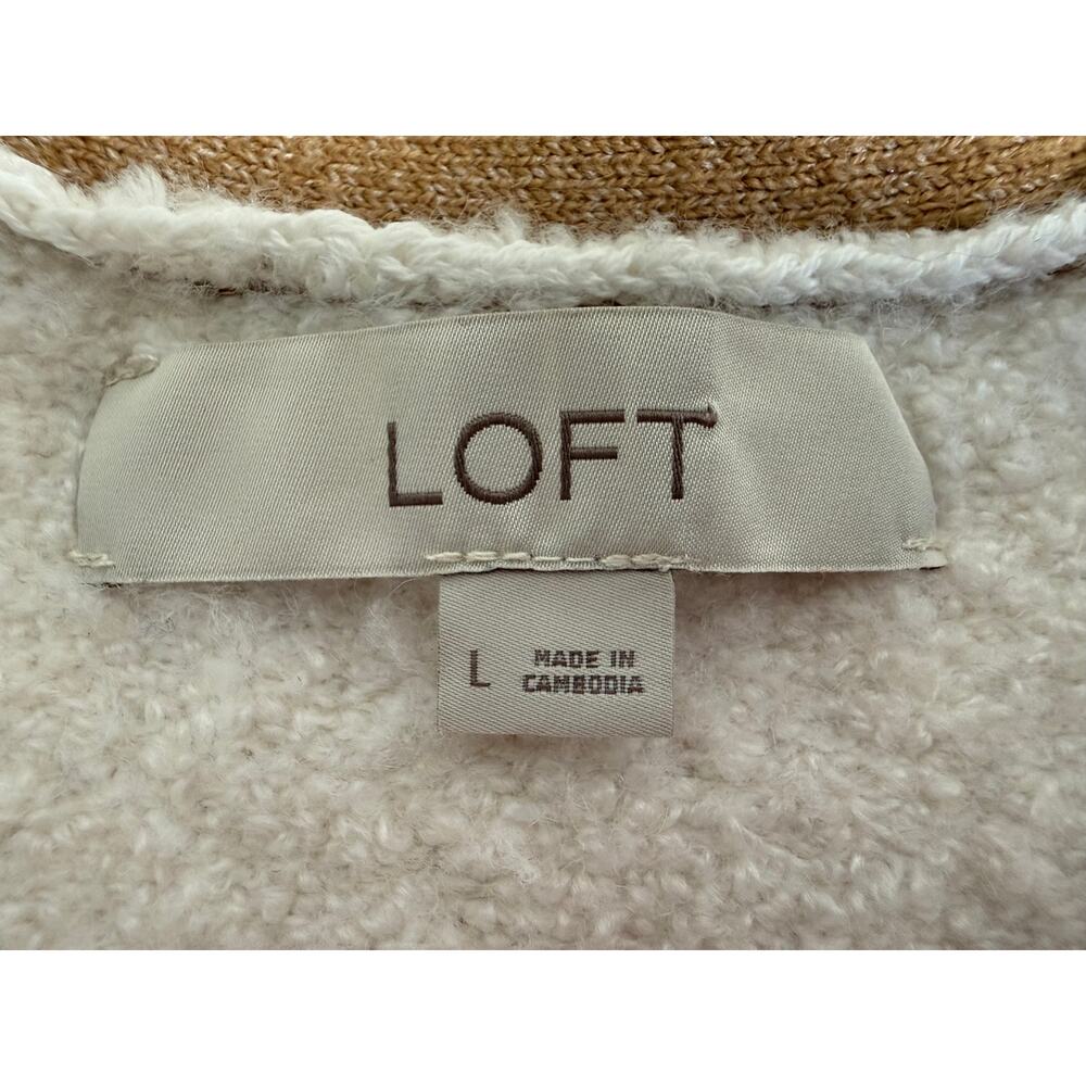 Loft Plush Ribbed Trim Cardigan Sweater Size Large Cream Tan Preppy Minimalist - Picture 9 of 10
